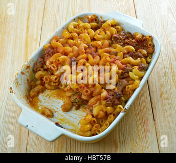 Johnny Marzetti Casserole. Midwestern Italian American pasta dish consisting of noodles, cheese, ground beef, and a tomato sauce Stock Photo