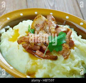 Burning Love  Brændende kærlighed - traditional Danish dish.mashed potatoes and fried bacon Stock Photo