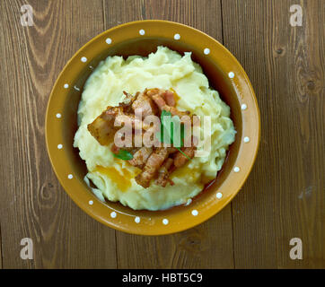 Burning Love  Brændende kærlighed - traditional Danish dish.mashed potatoes and fried bacon Stock Photo