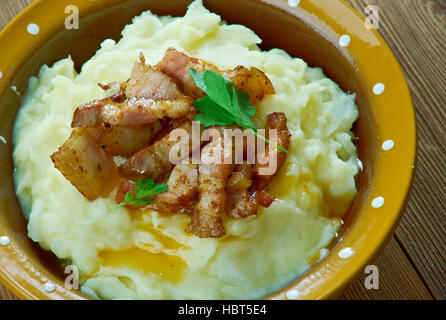 Burning Love  Brændende kærlighed - traditional Danish dish.mashed potatoes and fried bacon Stock Photo