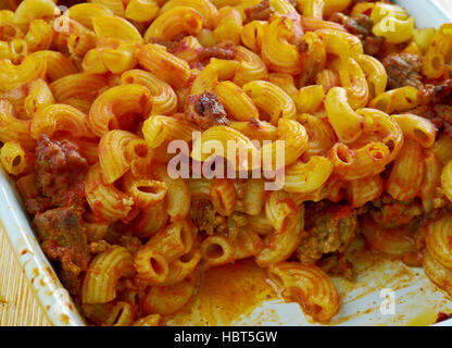 Johnny Marzetti Casserole. Midwestern Italian American pasta dish consisting of noodles, cheese, ground beef, and a tomato sauce Stock Photo