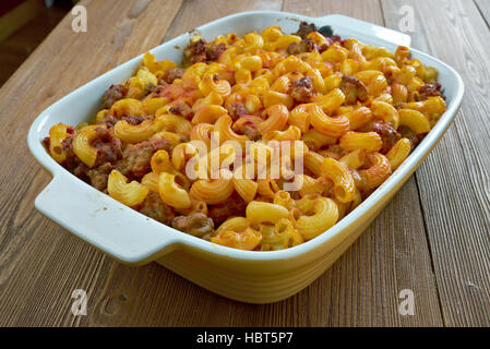 Johnny Marzetti Casserole. Midwestern Italian American pasta dish consisting of noodles, cheese, ground beef, and a tomato sauce Stock Photo