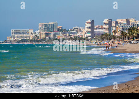 Spain, Andalusia, Province of Malaga, Costa del Sol, view of the hotel-highrise skyline of the Mediterranean resort town of Torremolinos from Playamar Stock Photo