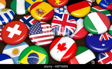 International business concept with world flags on scattered badges. Stock Photo