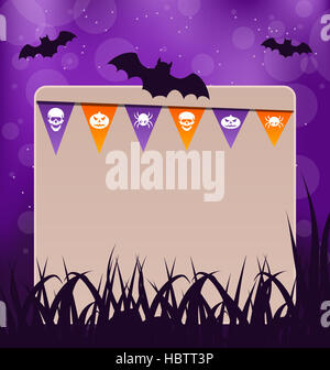 Happy Halloween greeting card with hanging on dash line web spider ...