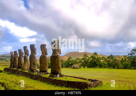 Beautiful Moai statues overlooking Easter Island, Chile Stock Photo