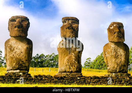 Three Moai statues on Easter Island, Chile Stock Photo