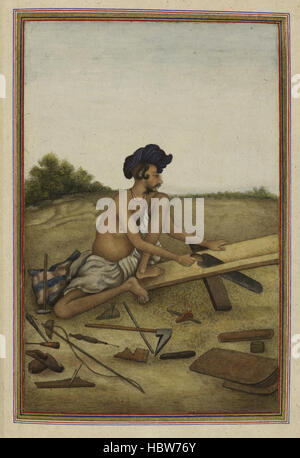 Tashrih al-aqvam, an account of origins and occupations of some of the sects, castes and tribes of India. - caption: 'Khati or Tarkhan, carpenter caste of the Panjab. Man sawing a plank.' Tashrih al-aqvam, an account of origins and occupations of some Stock Photo