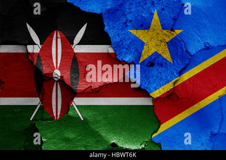 flags of Kenya and DR Congo painted on cracked wall Stock Photo