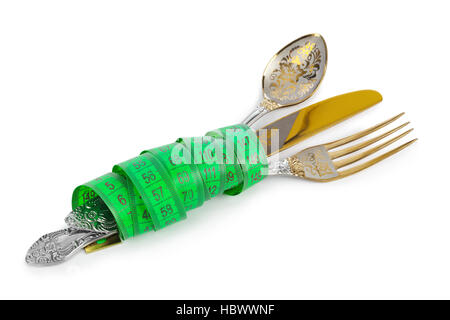 Fork spoon knife and measuring tape Stock Photo
