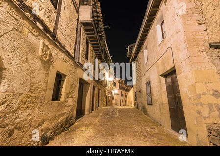 Night photography of Alley in the medieval village of Frias, Burgos province, Spain. Stock Photo