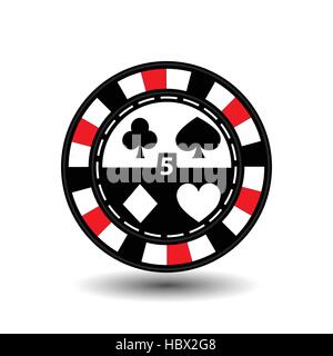chips for poker red fithe in the middle and rectangles with a side. round and white dotted line line. an icon on the white isolated background. illust Stock Vector