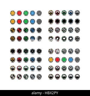 set 200 two hundred chips for poker yellow green grey red yellow one in the middle and rectangles with a side. round and white dotted line line. an ic Stock Vector