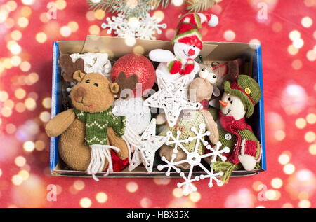 bunch  of christmas toys in a box Stock Photo