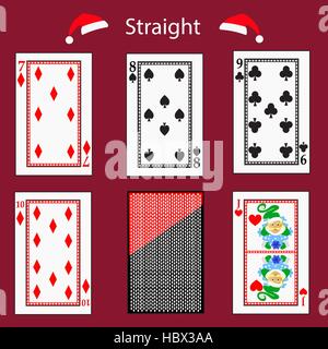 straight playing card poker combination. vector illustration eps 10. On a red background. To use for design, registration, the websites, dressing, the Stock Vector
