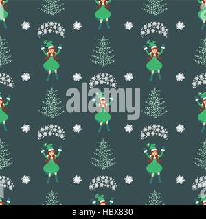 seamless pattern. EPS 10 vector illustration. used for printing, websites, design, ukrasheniayya, interior, fabrics, etc. Christmas theme. Girl Santa Claus on a parachute flying green trees and snowflakes Stock Vector