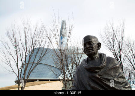 Mahatma Gandhi statue outside of the Canadian Museum for Human Rights in Winnipeg, Canada. Stock Photo