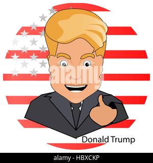 donald trump the president a smile a finger up a victory elections of 2016 against the background of the flag stylized America on a white background. Stock Vector