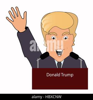 Donald Trump the president a smile a hand up the victory elections of 2016 gives to he an interview behind a tribune. On the white separated backgroun Stock Vector