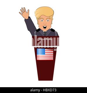 donald trump the president a smile  hand up behind an interview tribune in the microphone. Elections of 2016. Fight success victory. Vector illustration. Against the background  white it is easy to separate Stock Vector