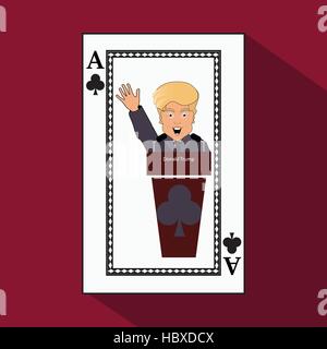 To give  Donald Trump an interview a tribune,  speak in the microphone, propaganda,  hand up. Card club ace. vector illustration eps 10. On light it is easy  separate  background. Stock Vector