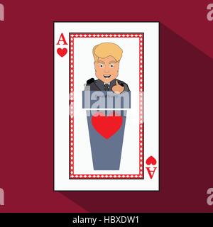 To give to Donald Trump an interview a tribune, to speak in the microphone, propaganda, a hand up. Card ace heart. vector illustration eps 10. On ligh Stock Vector