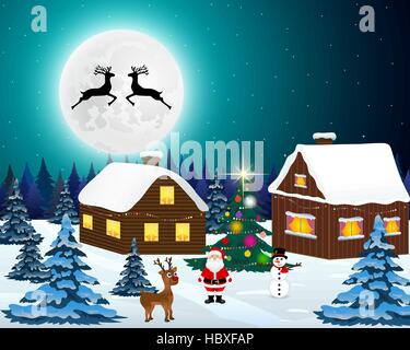 Night christmas forest landscape. Santa Claus with reindeer and Stock Vector