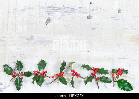 Colourful traditional Christmas holly with  red berries on grunge wood texture of old weathered boards  copyspace Stock Photo
