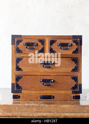 Asian antique wooden miniature drawer on the antique table Stock Photo