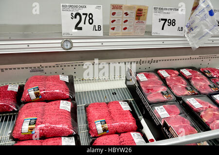 Packaged meat on display in store, USA Stock Photo