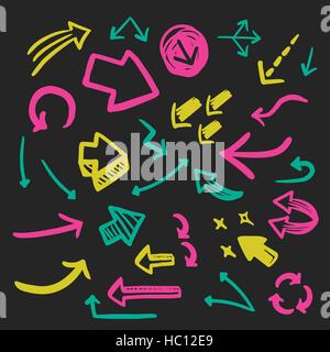 attractive doodle style arrows set isolated on black background Stock Vector
