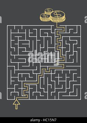 simple square maze with money icon isolated on dark background Stock Vector