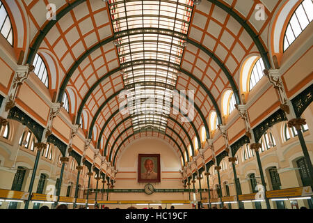 Portrait of Ho Chi Minh and ceiling inside historic Central Post Office, designed by Gustave Eiffel, Ho Chi Minh City (Saigon), Vietnam Stock Photo