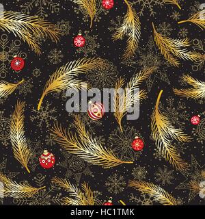 Hand drawn fir tree branches and snowflakes seamless pattern. Winter xmas illustration. New Year vector background. Stock Vector