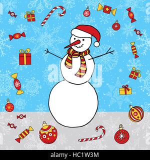 Snowman hand drawn vector background. Winter Xmas illustration. Stock Vector