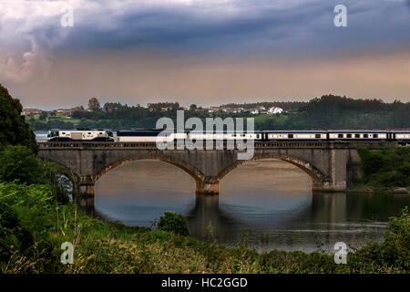Outside of Transcantabrico Gran Lujo luxury train travellong across northern Spain, Europe. Bridge near Viveiro town, Galicia, Spain Stock Photo
