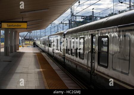 Outside of Transcantabrico Gran Lujo luxury train travellong across northern Spain, Europe. Stoped in Santander station. Stock Photo