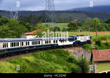 Outside of Transcantabrico Gran Lujo luxury train travellong across northern Spain, Europe. Journey between Unquera and Cabezon de la Sal. Stock Photo