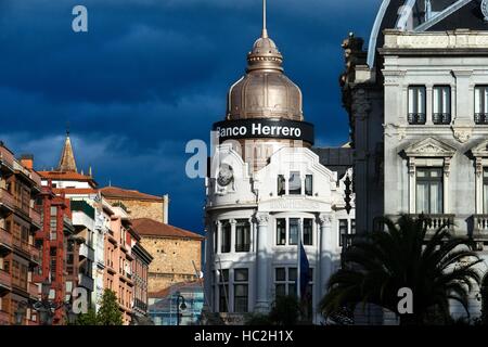 Herrero Bank in Center of Oviedo City, Asturias, Spain. One of the stops of the Transcantabrico Gran Lujo luxury train. Stock Photo