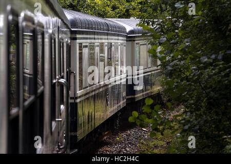 Outside of Transcantabrico Gran Lujo luxury train travellong across northern Spain, Europe. Journey between Candás and Luarca, Asturias, Spain. Stock Photo