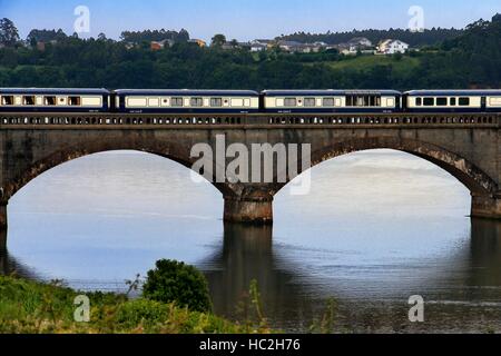 Outside of Transcantabrico Gran Lujo luxury train travellong across northern Spain, Europe. Bridge near Viveiro town, Galicia, Spain Stock Photo