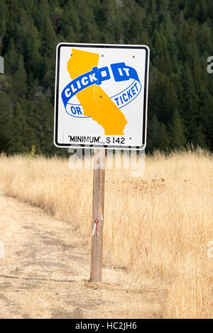 Click it or ticket seat belt sign along Highway 101 in Northern California. Stock Photo