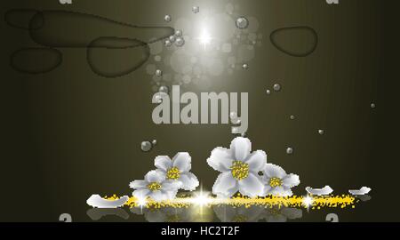 Digital vector abstract empty dark green background with sparkle, stars, water bubbles and jasmin flowers. Ready for product placement and infographic Stock Vector