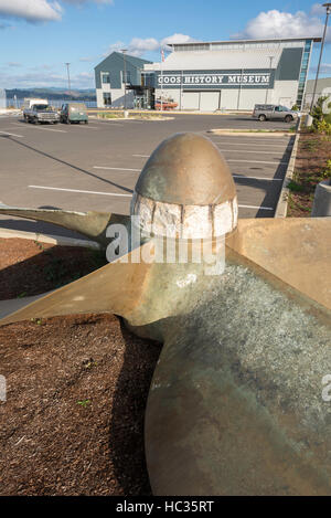Boat propeller on display outside the Coos History Museum in Coos Bay, Oregon. Stock Photo