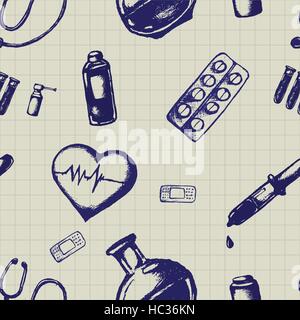 Vector doodle seamless illustration. Medicine icons Stock Vector