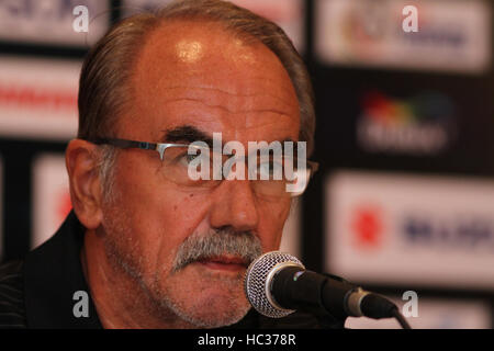 Bangkok, Thailand. 01st Jan, 2000. Gerd Zeise coach of Myanmar speaks to the media at The Emerald Hotel before the AFF Suzuki Cup semi-final football match soccer between Thailand and Myanmar at Rajamangala National Stadium in Bangkok of evening. © Vichan Poti/Pacific Press/Alamy Live News Stock Photo