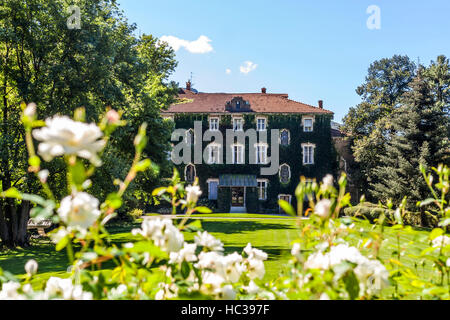 Country house with overgrown facade in garden with white flowers in Italy, Europe Stock Photo