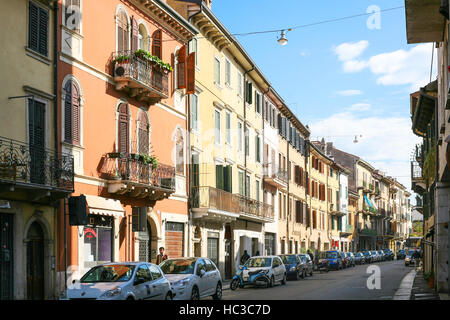 VERONA, ITALY - OCTOBER 10, 2016 - street in living quarter of Verona in morning. Verona is second largest city municipality in Veneto region and the Stock Photo