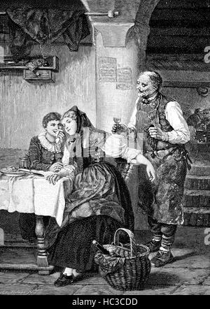 In an inn, the innkeeper served a glass of wine, historical illustration, woodcut, 1890 Stock Photo