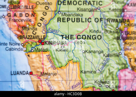 Photo of a map of Democratic Republic of the Congo and the capital Kinshasa . Stock Photo